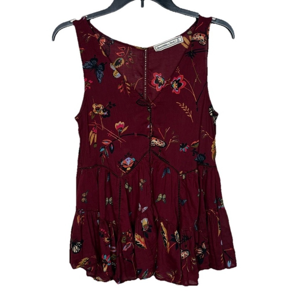 Abercrombie & Fitch Baby Doll Floral Tank Size‎ S Burgundy Tiered Butterflies